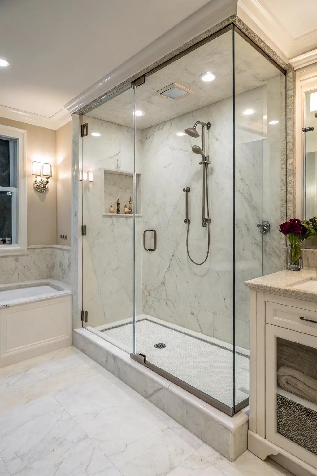 Borderless arrangements highlight the seamless allure of manufactured stone showers.