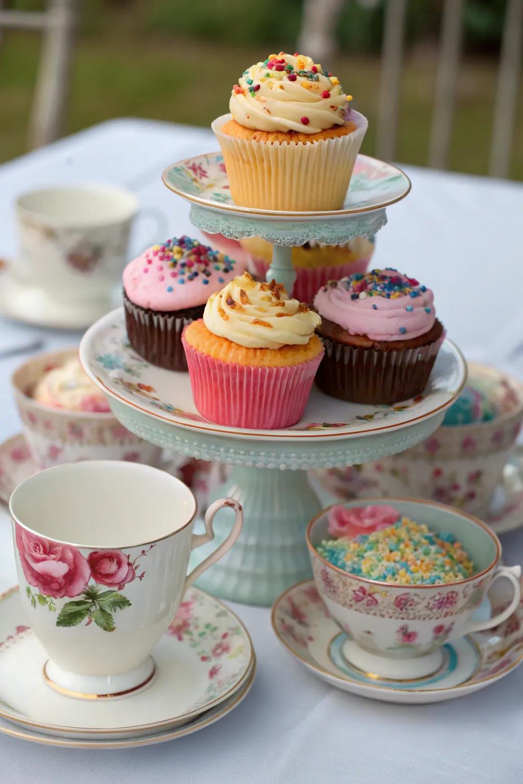 A playful cupcake display featuring teacups and saucers in a whimsical arrangement.