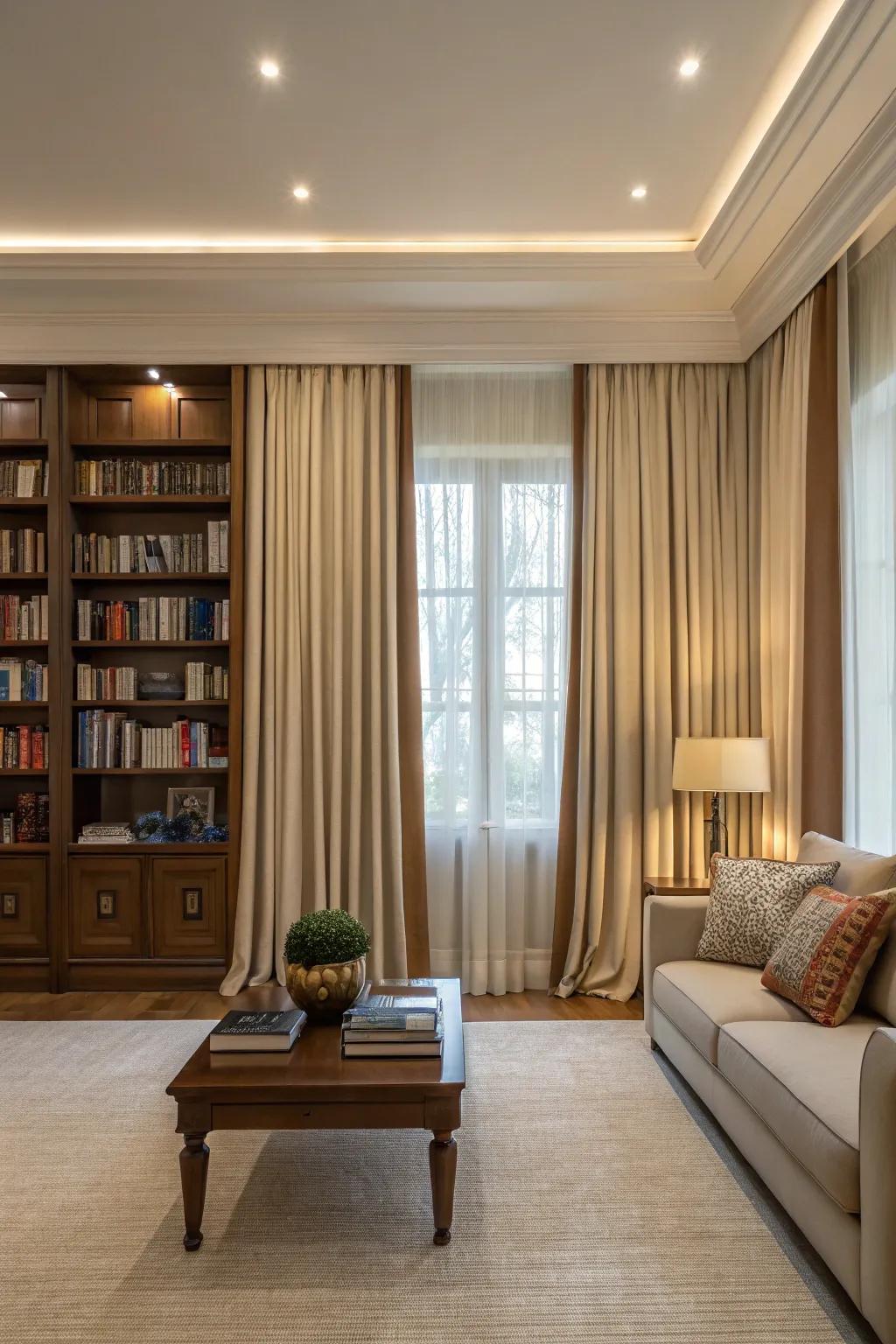Symmetry in curtain alignment improves visual harmony.