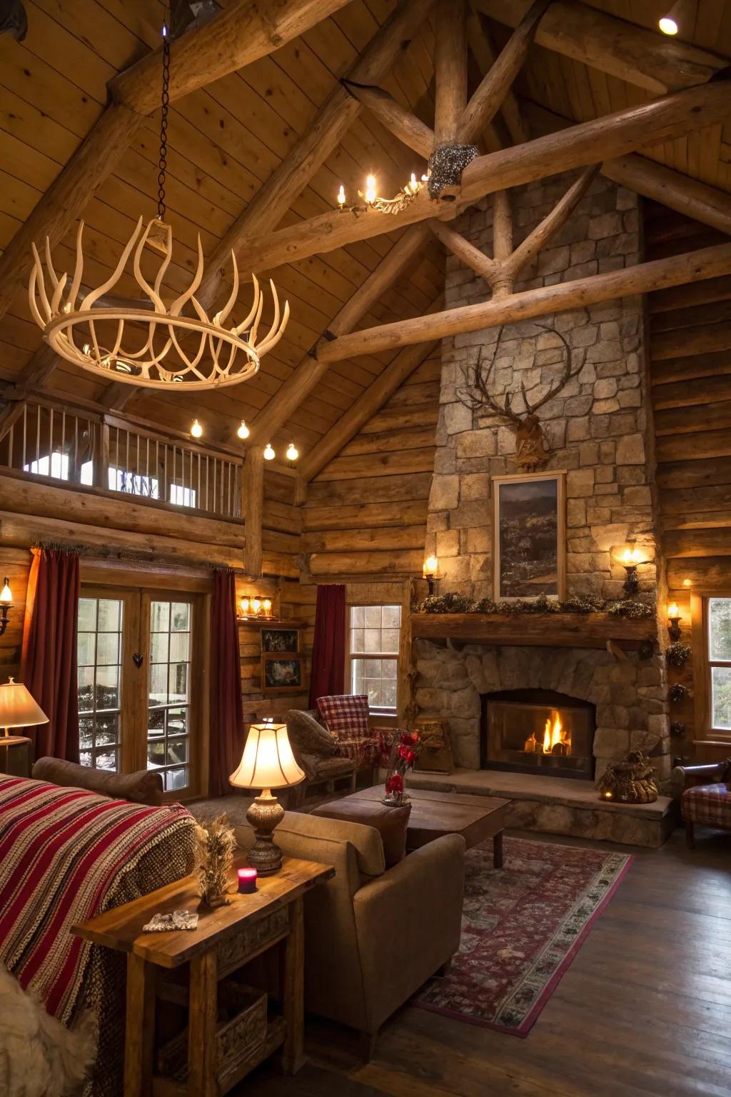 Horns as curtain rods create an exceptional, quaint charm.