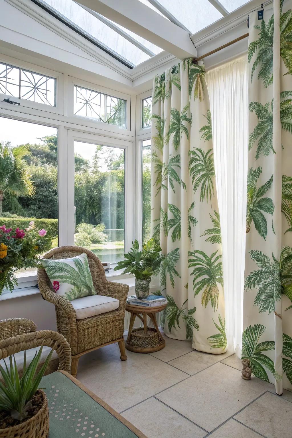 Tropical patterns in curtains can transport you to an exotic getaway.