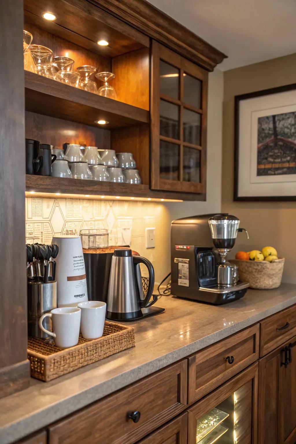 A coffee station integrated into a home bar for coffee lovers.