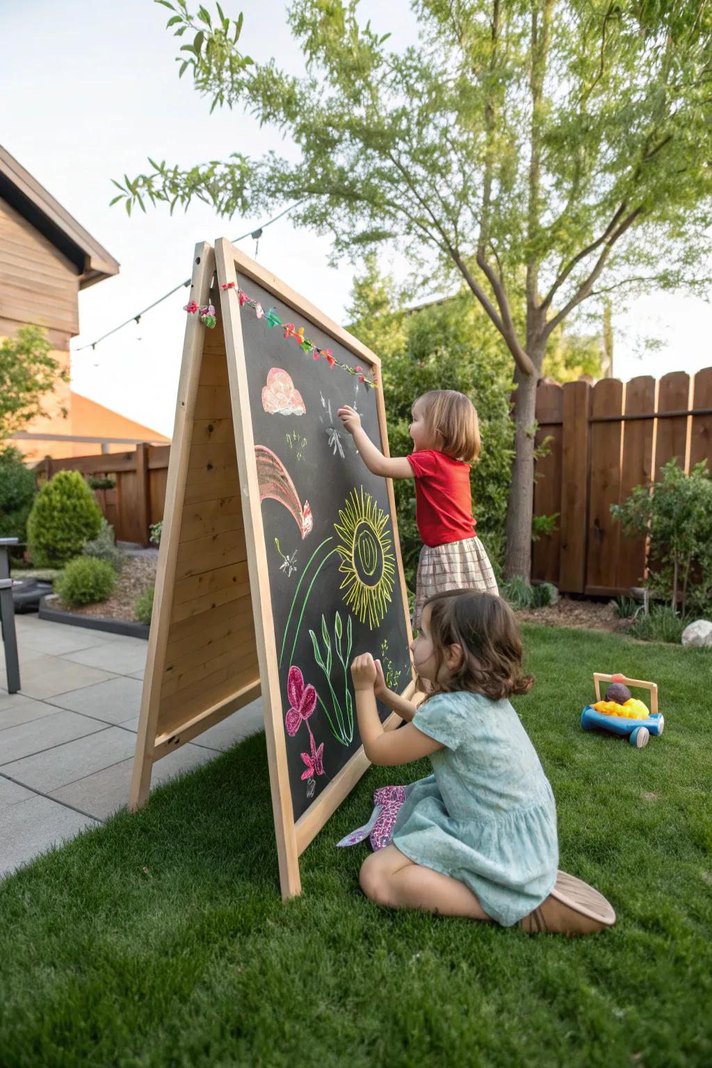 A fun and engaging outdoor chalkboard for creative play, fostering imagination.