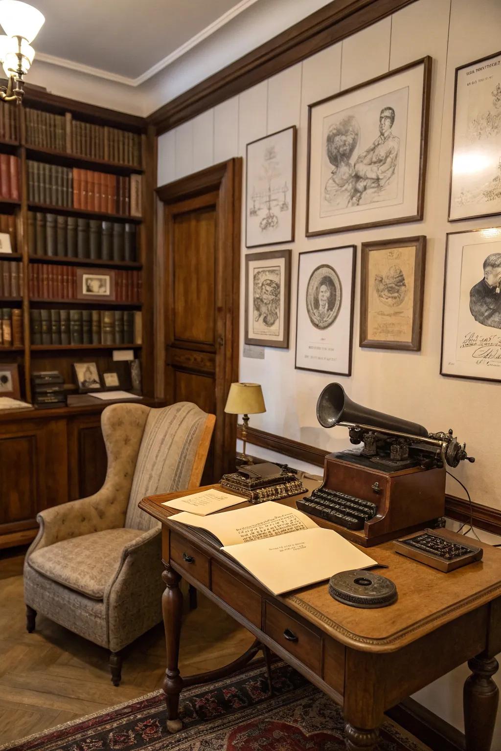 Vintage-inspired objects infusing history and character into a study.