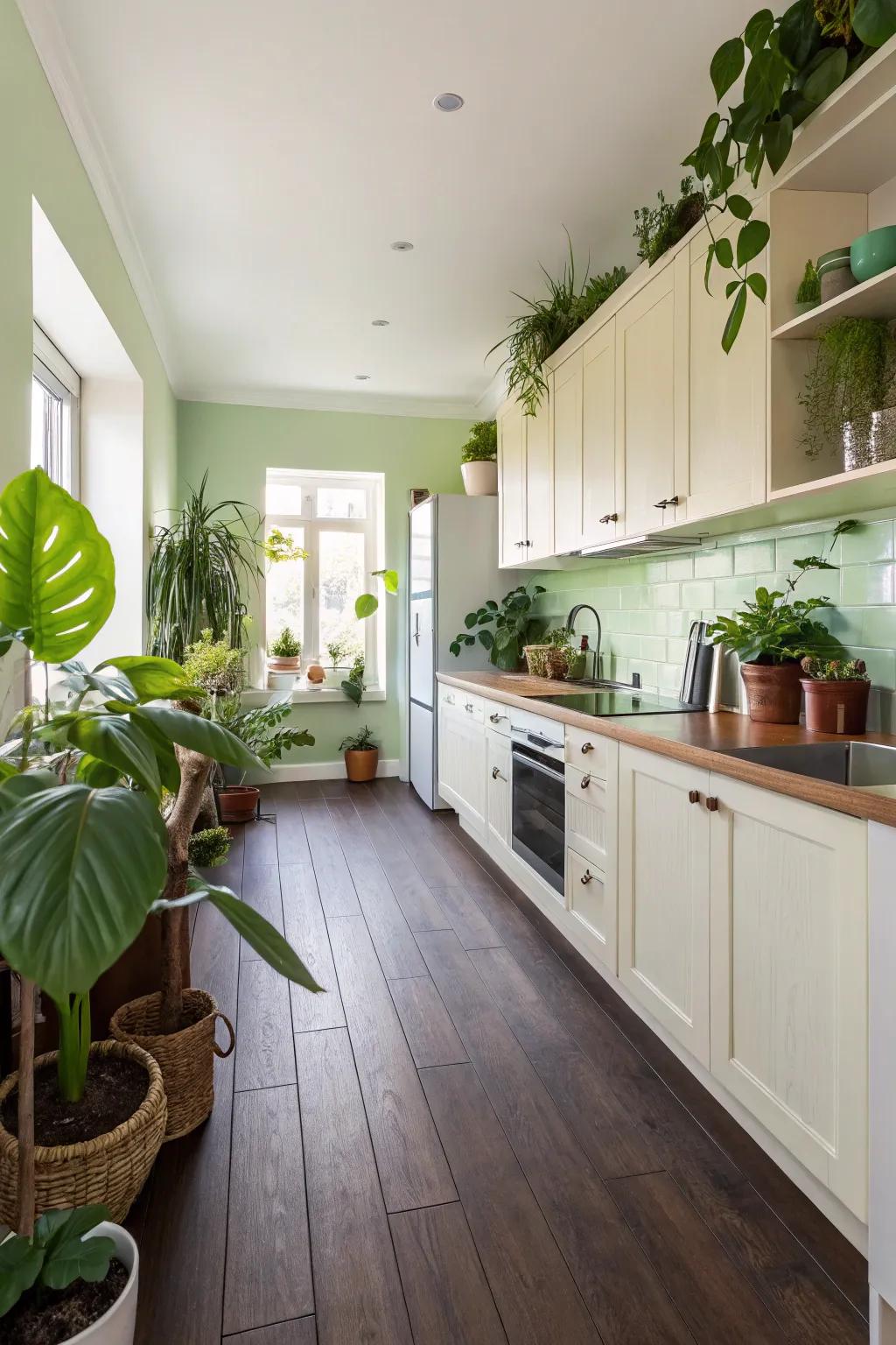 Light green walls infuse natural freshness into the room.