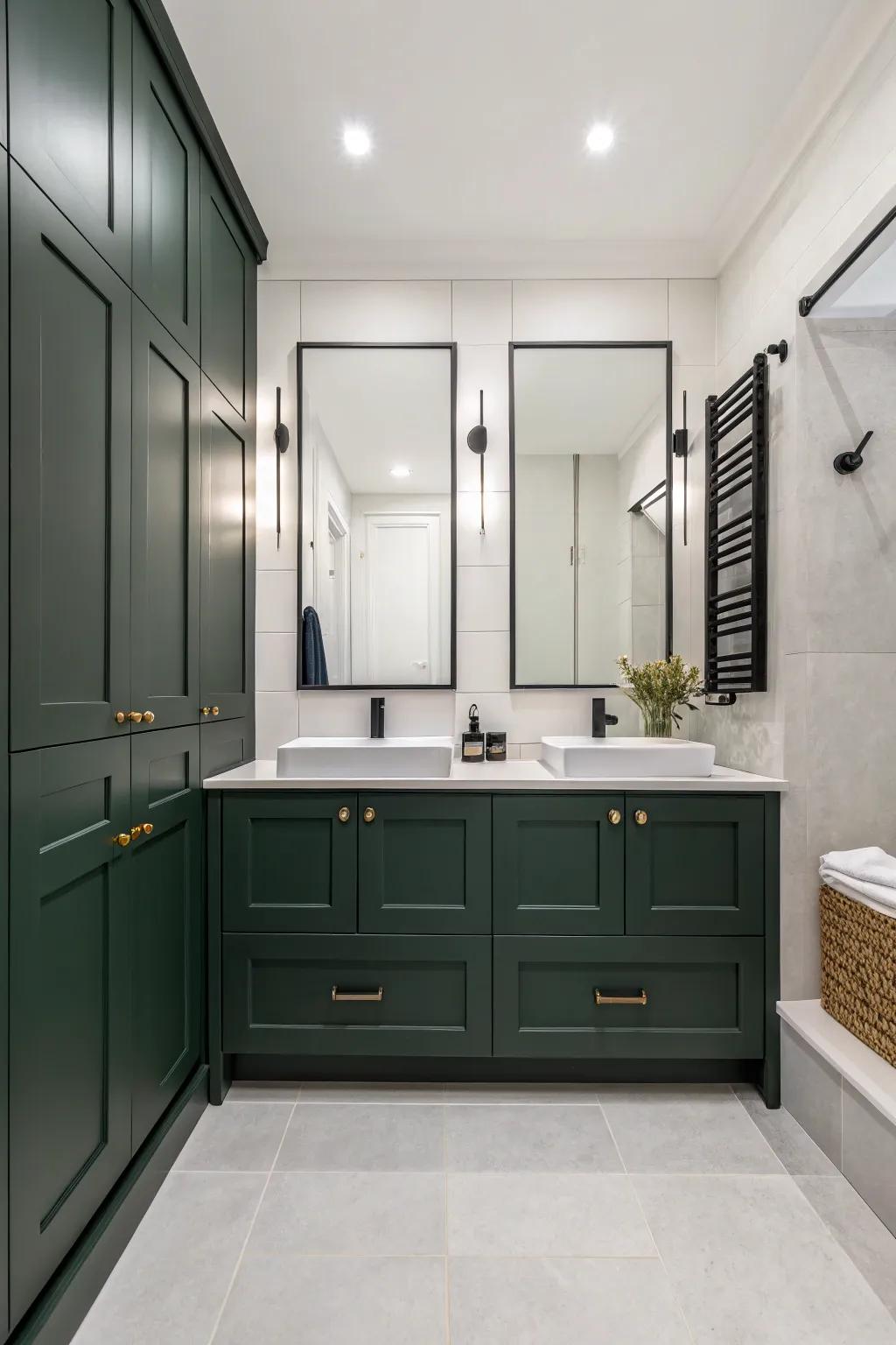 Dark green cabinets enhance both organization and aesthetic.