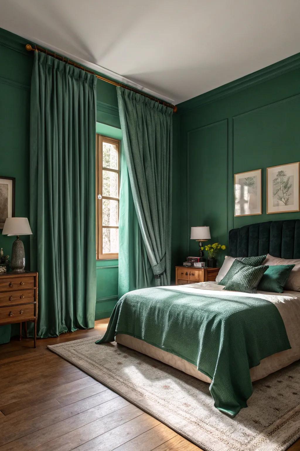 A bedroom with emerald green fabric and shadowy jade walls offering elegance and intimacy.