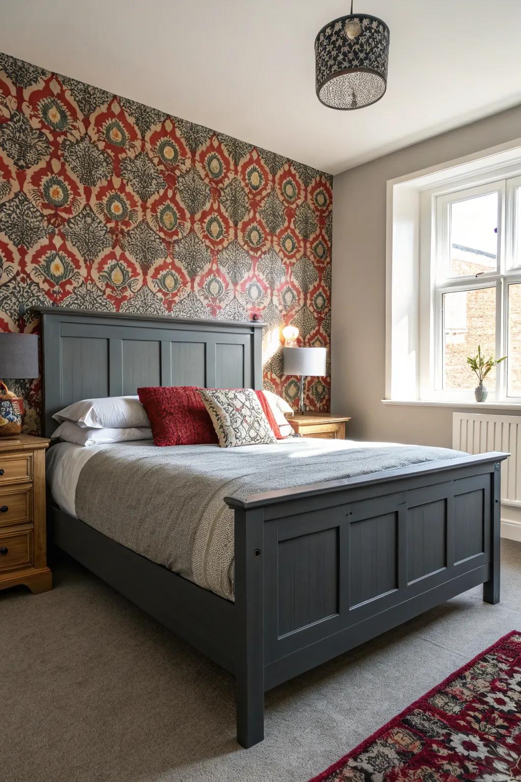 A bold feature mural enhances the key feature of a deep charcoal bedstead.