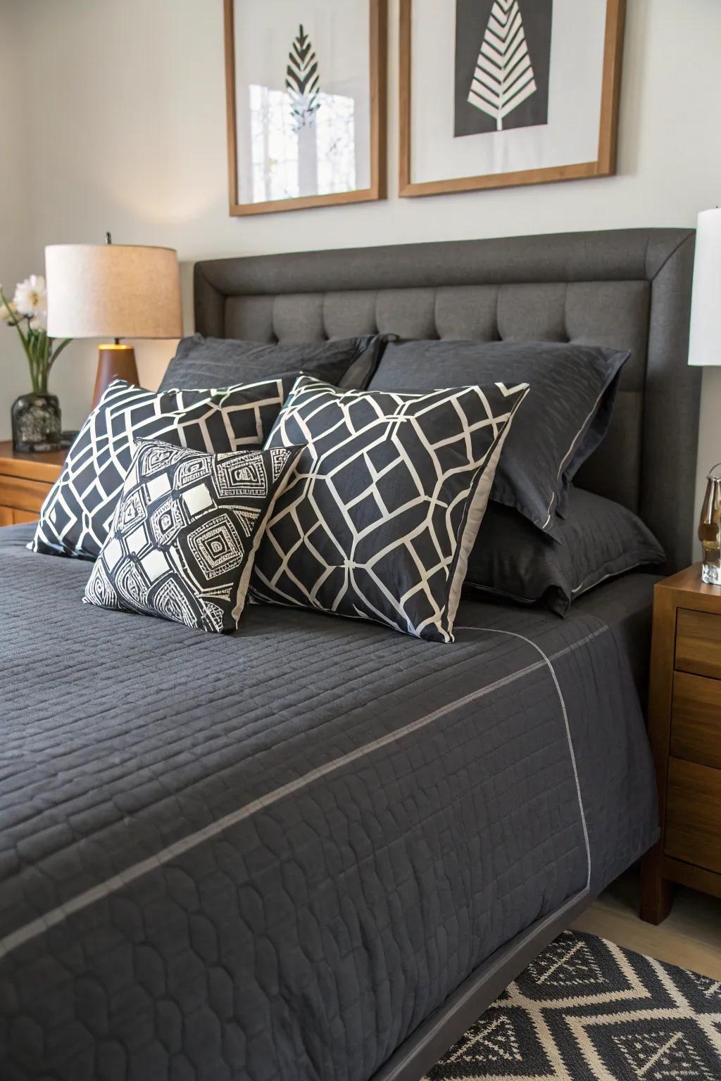 Geometric patterns add a modern edge to dark grey bedding.