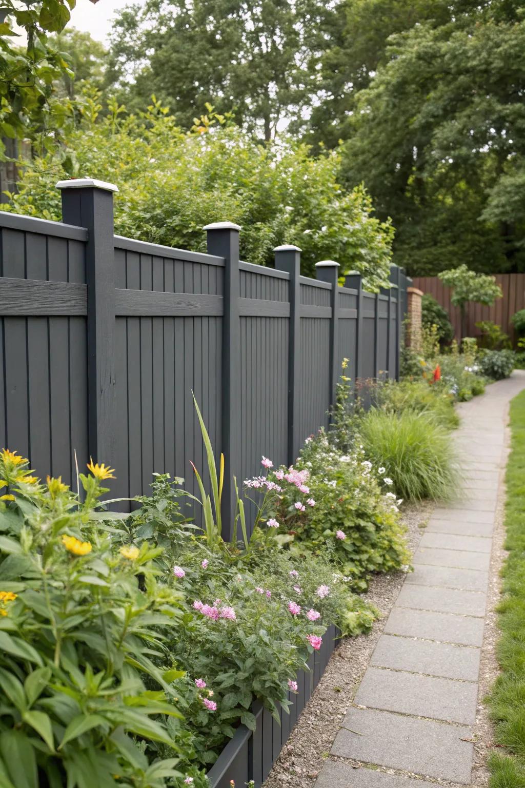 A sustainable deep charcoal fence made from eco-friendly recycled materials.