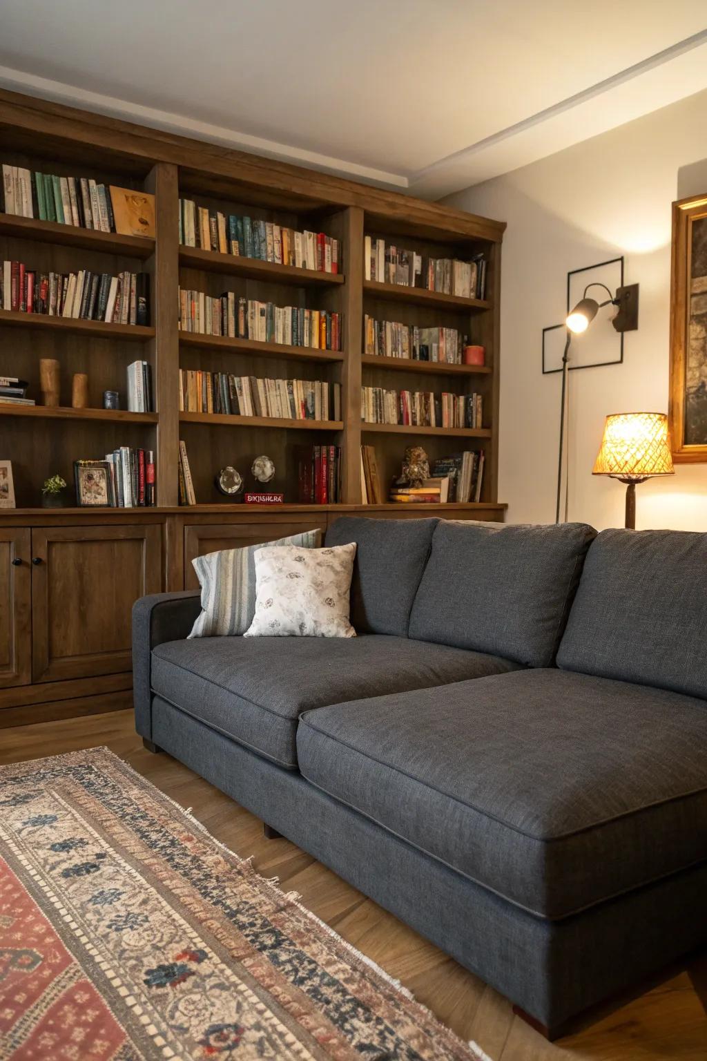 Bookshelves as backdrops fashion a cozy library atmosphere.
