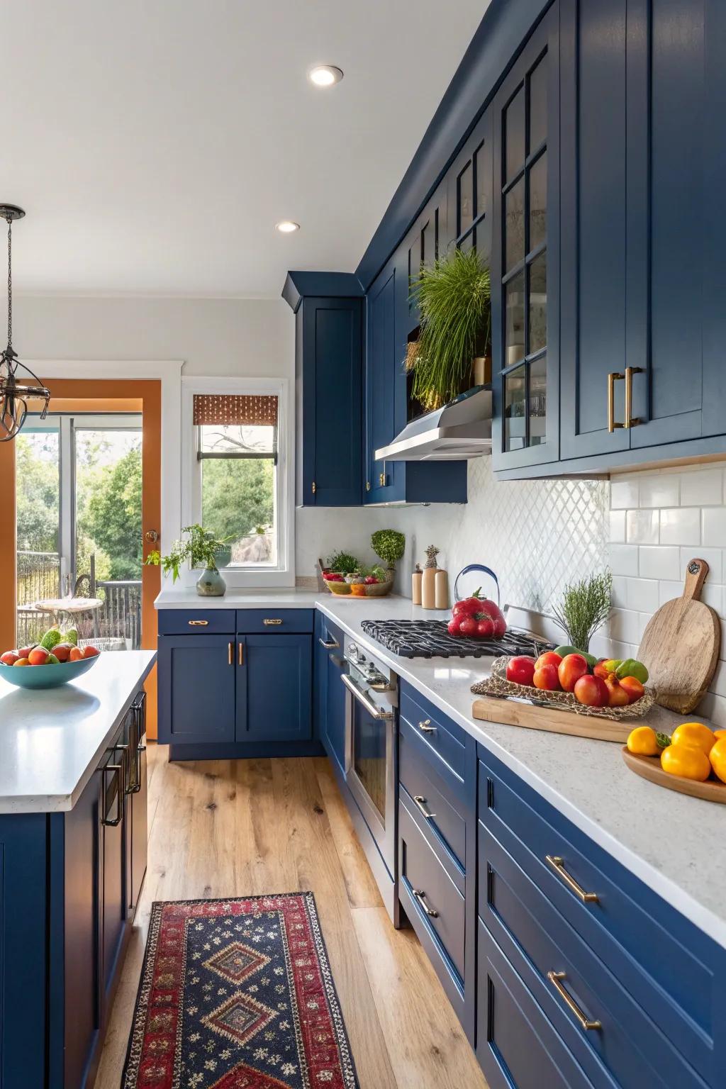A striking color preference for dark cabinets enriches the kitchen with vibrancy.