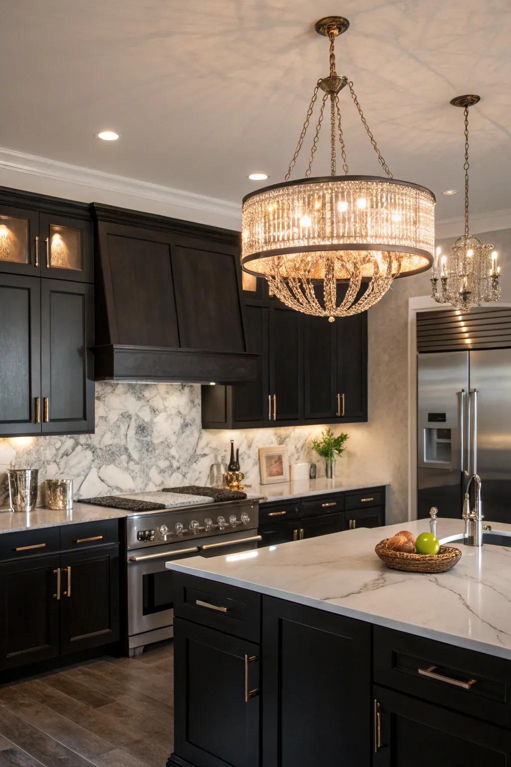 A statement chandelier contributes aesthetic and lighting to the cooking area.