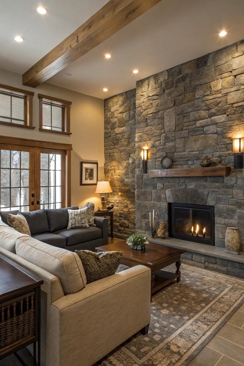 A sophisticated living room with slate and stone elements.