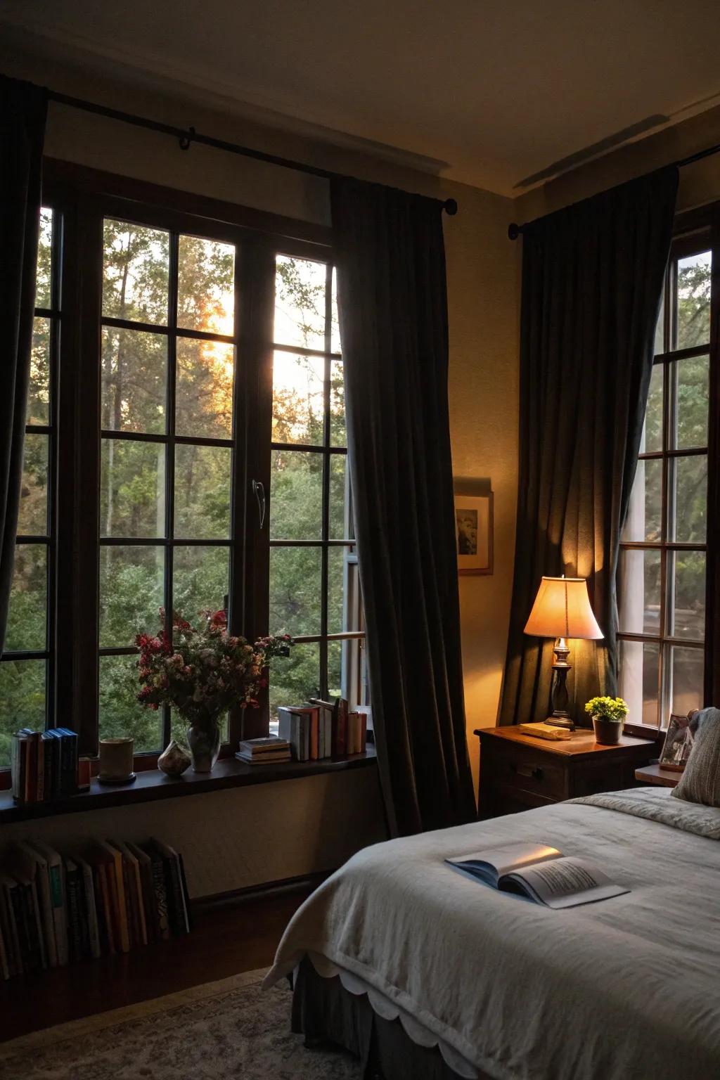 Murky window complements instill dimension and secure seclusion.