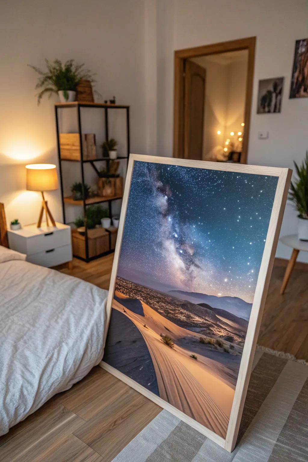 Experience calm through a painting of a wasteland at night