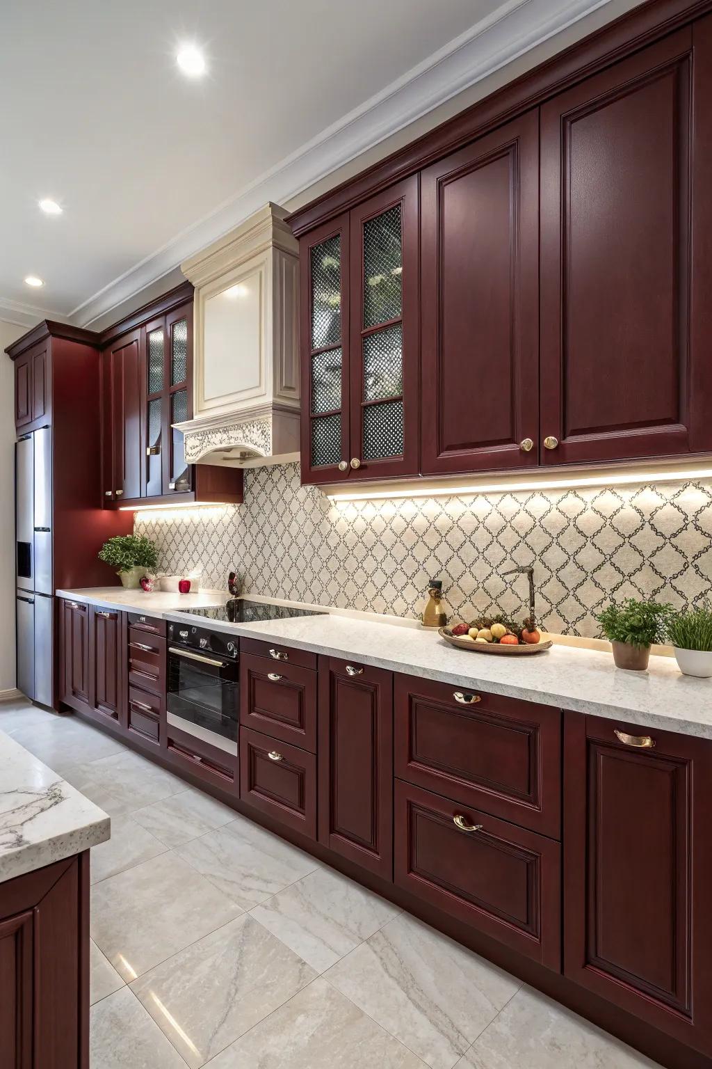 Striking kitchen featuring an eye-catching backsplash and scarlet-toned cabinets.