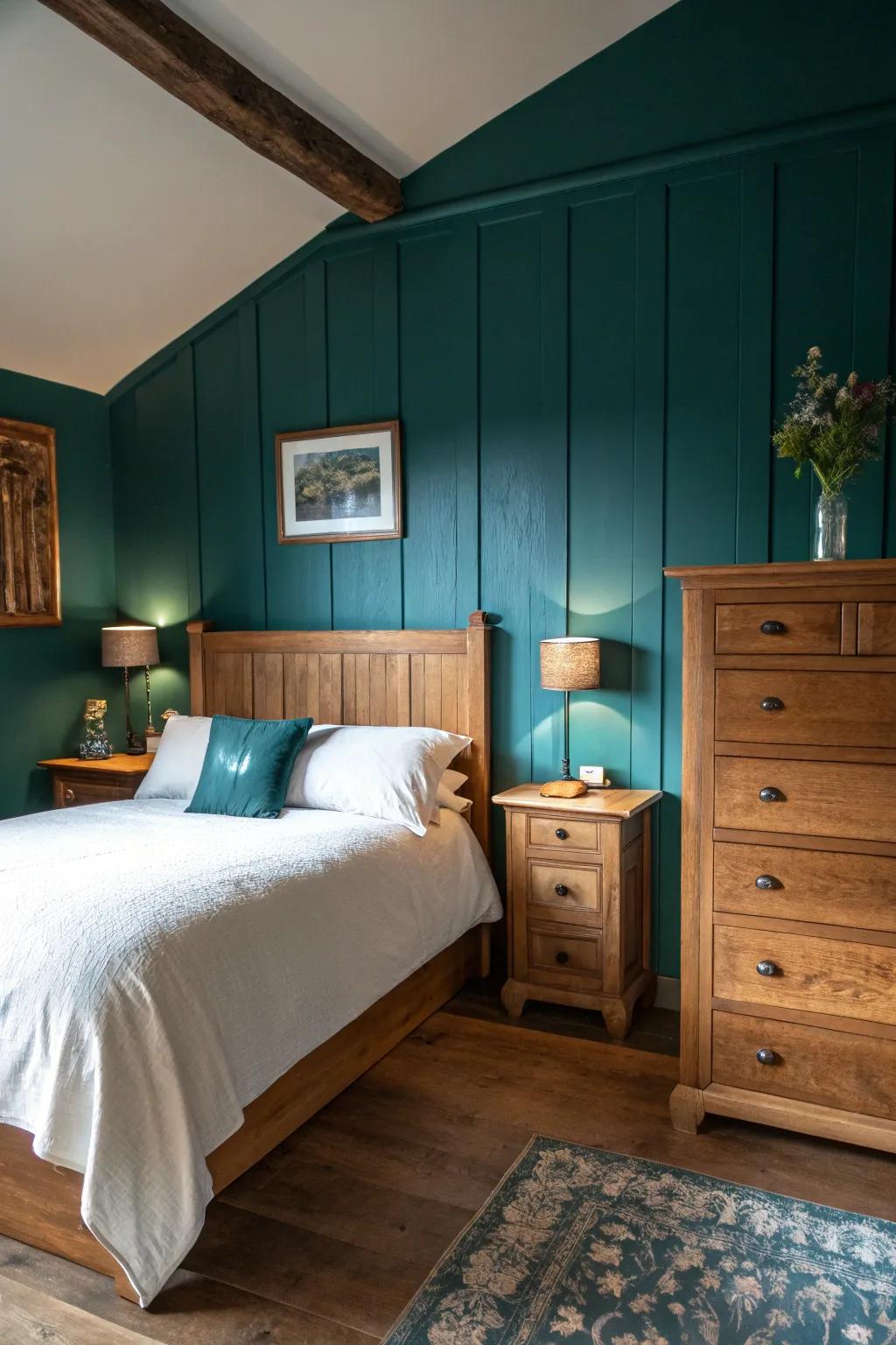 Timber elements bring warmth to a teal bedroom.