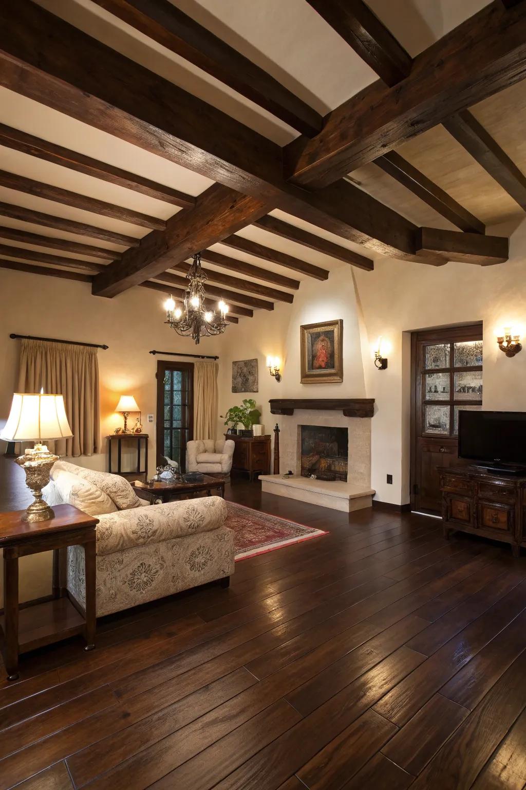 Matching wood structure and flooring results in a unified design.