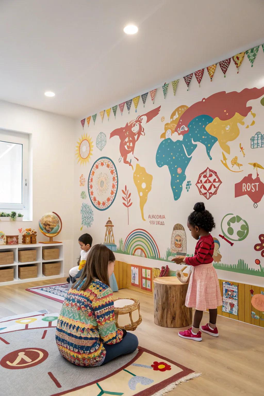 A daycare room celebrating diversity with cultural-themed wallpaper.