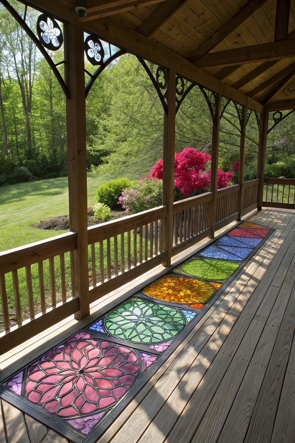Colored glass planks present artistic shade and a splash of color.