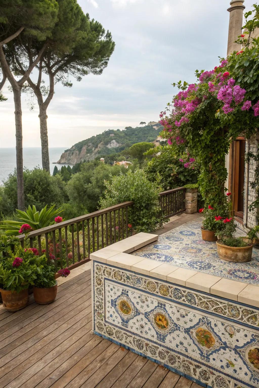 Mosaic fascia infuses your deck with lively, Mediterranean charm.