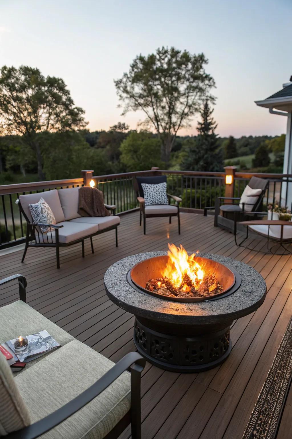 A central hearth becomes the heart of your deck, welcoming warmth and talk.