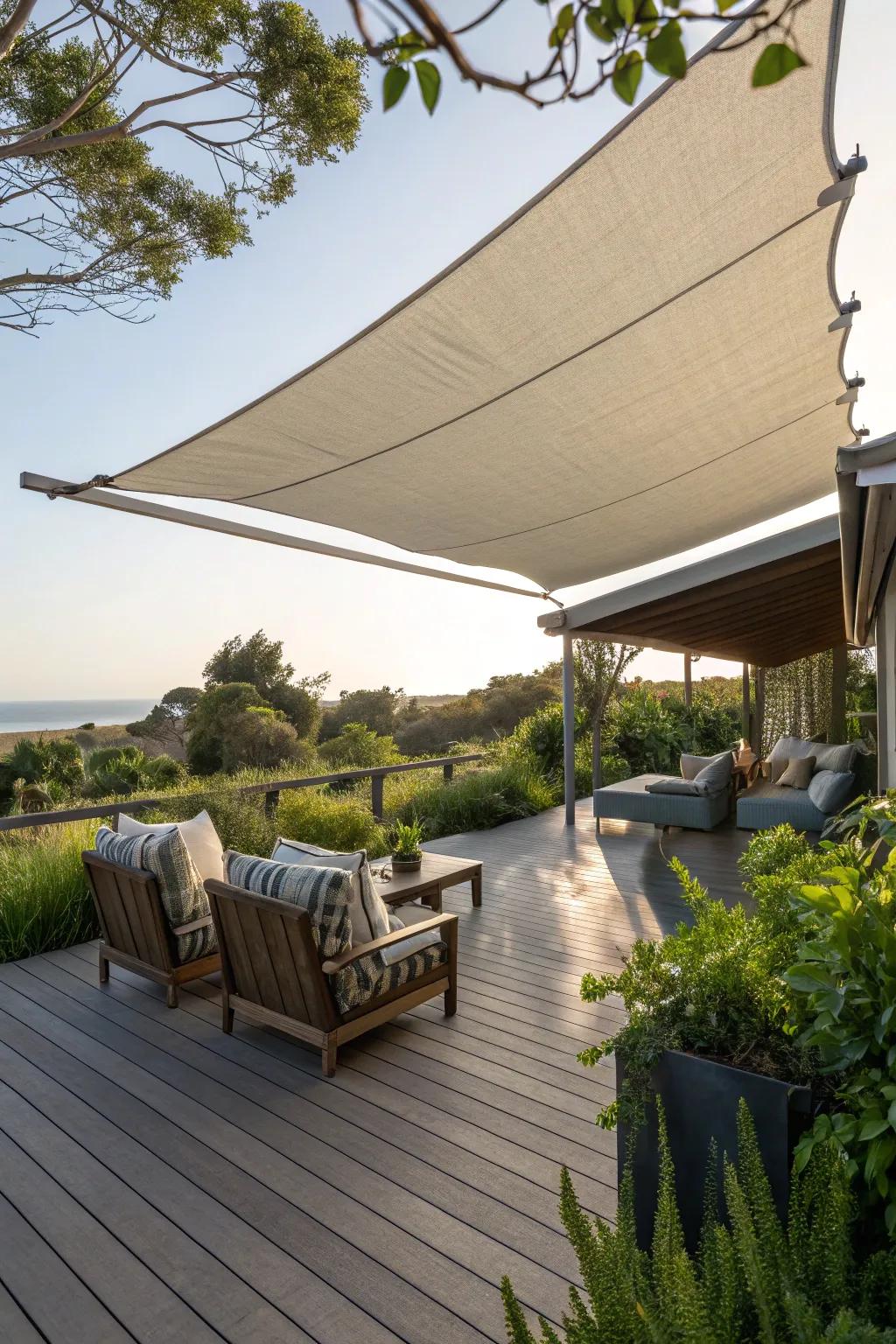 Textile shades offer convenient and extensive coverage for decks.