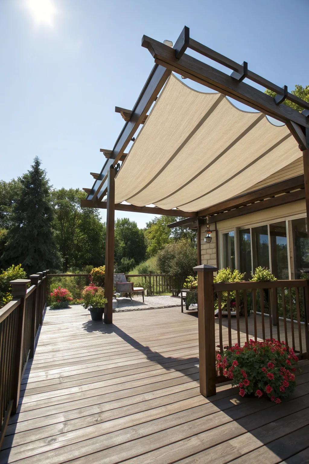A pergola with a retractable awning for adaptable shade.