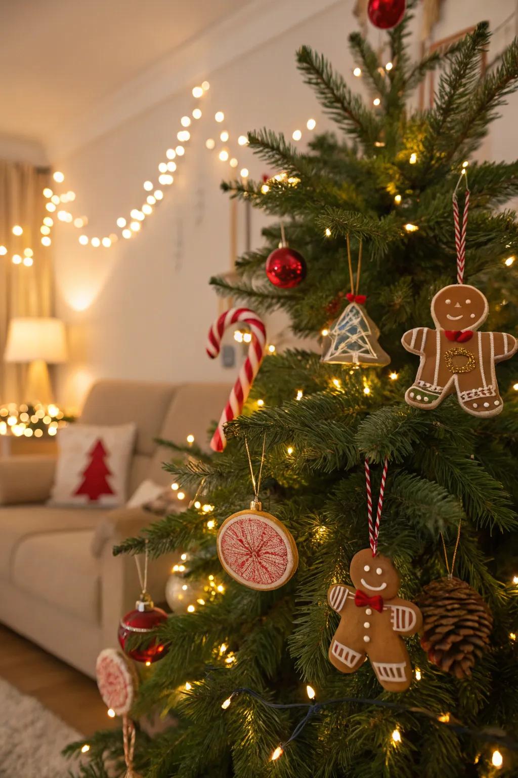 A spiced treat wonderland Christmas tree sporting warm lights and sweet decorations.