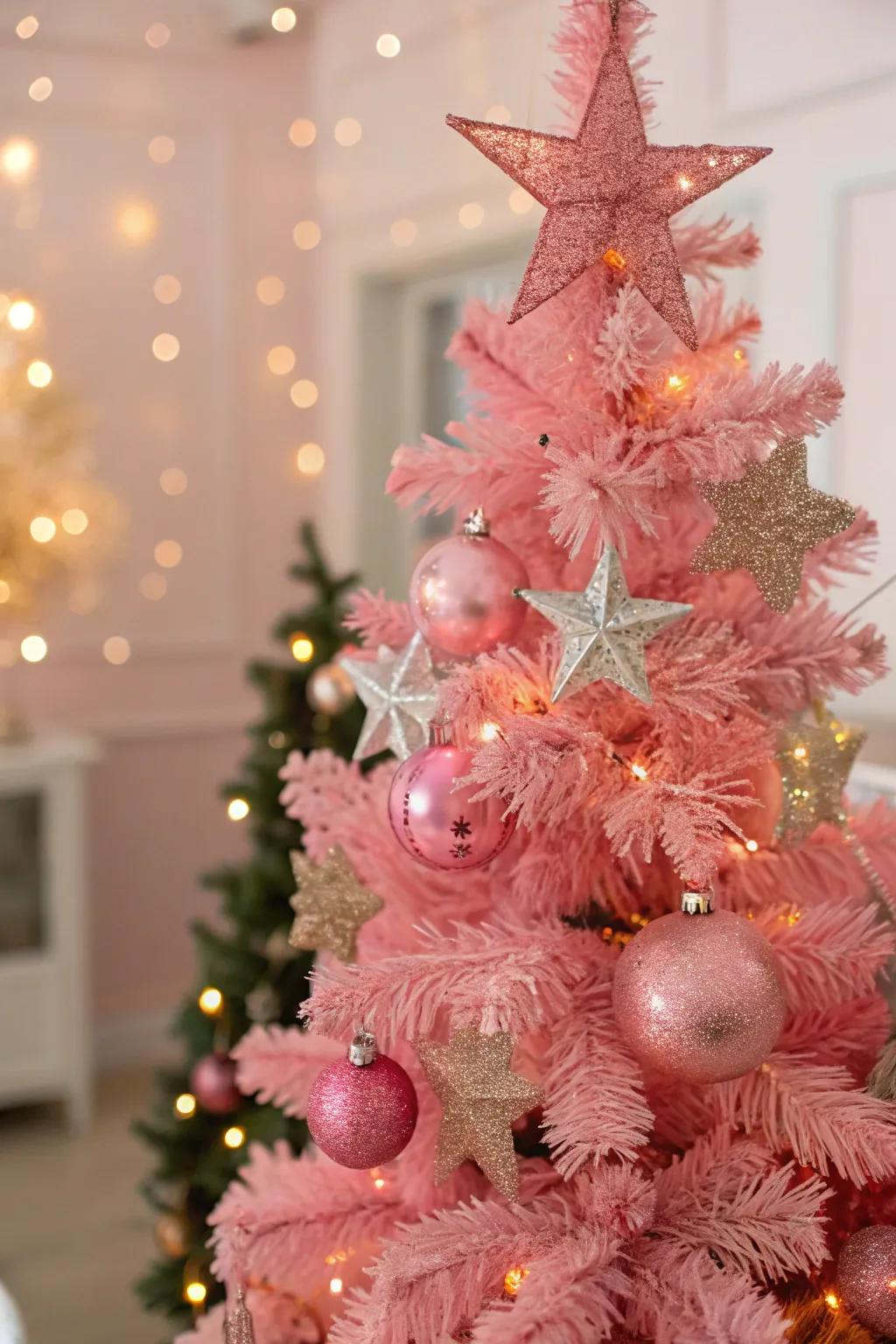 A magical tree with glittering stars and snowflakes.