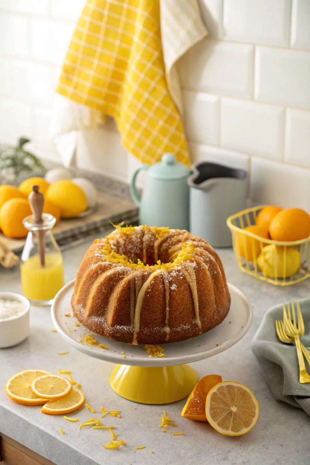 A bundt cake topped with fresh citrus zest.
