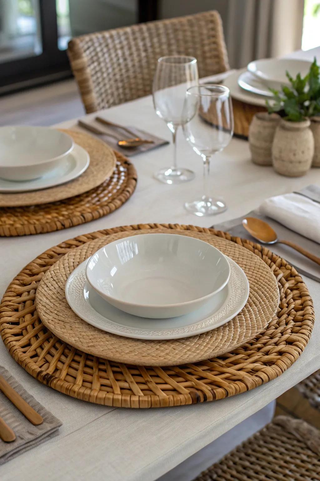 Textured rattan serving plates contribute visual interest.