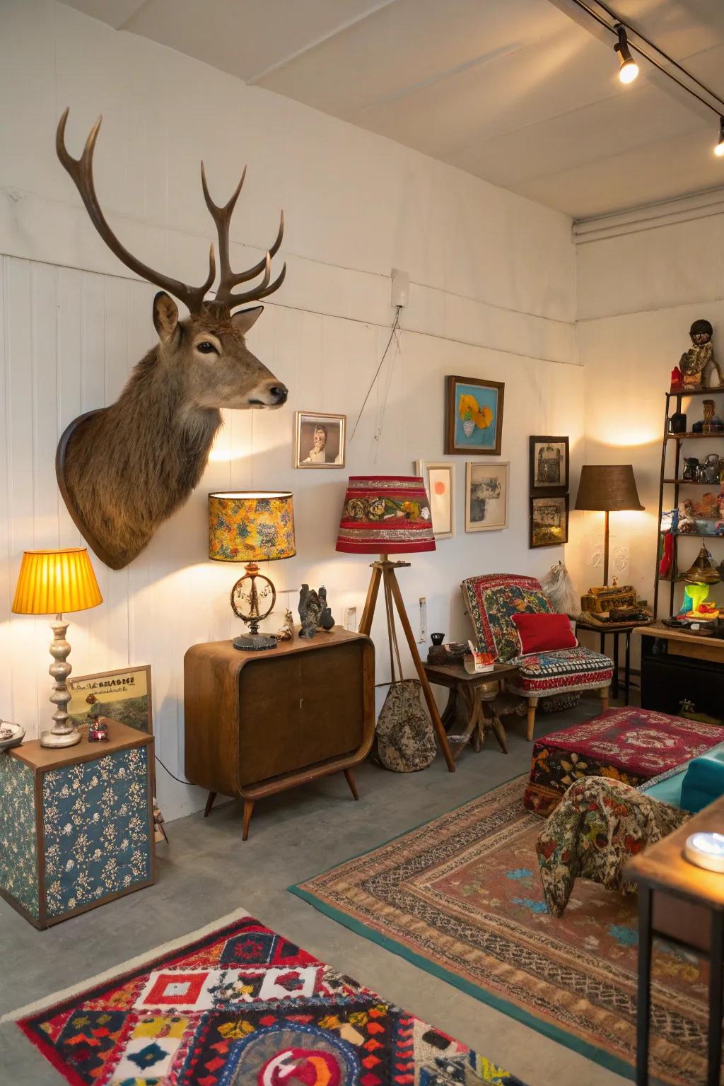 A deer mount surrounded by an eclectic mix of decor.