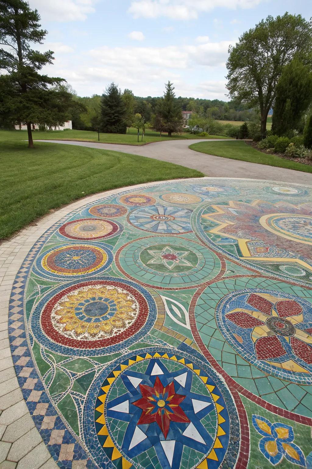 A tilework driveway presents a stunning exhibition of artistry and hue.