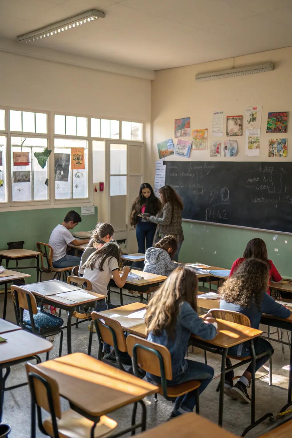 Slanted desk arrangements create a dynamic classroom layout.