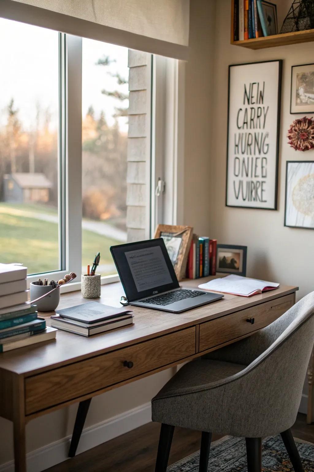 A focal piece adds character to the workspace.