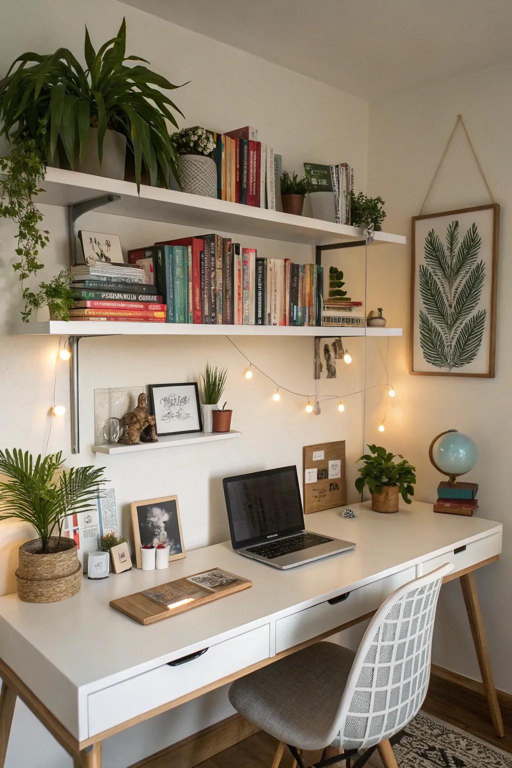 Floating shelves add storage and style.