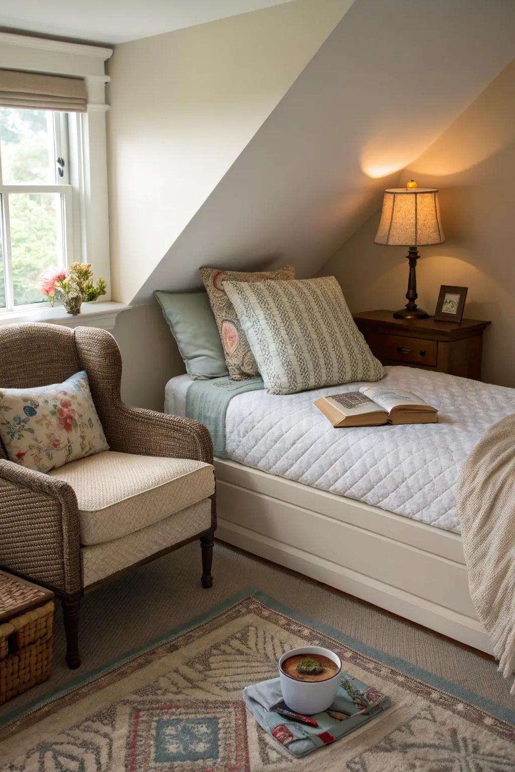A cozy reading corner adds charm and function to your bed's diagonal arrangement.