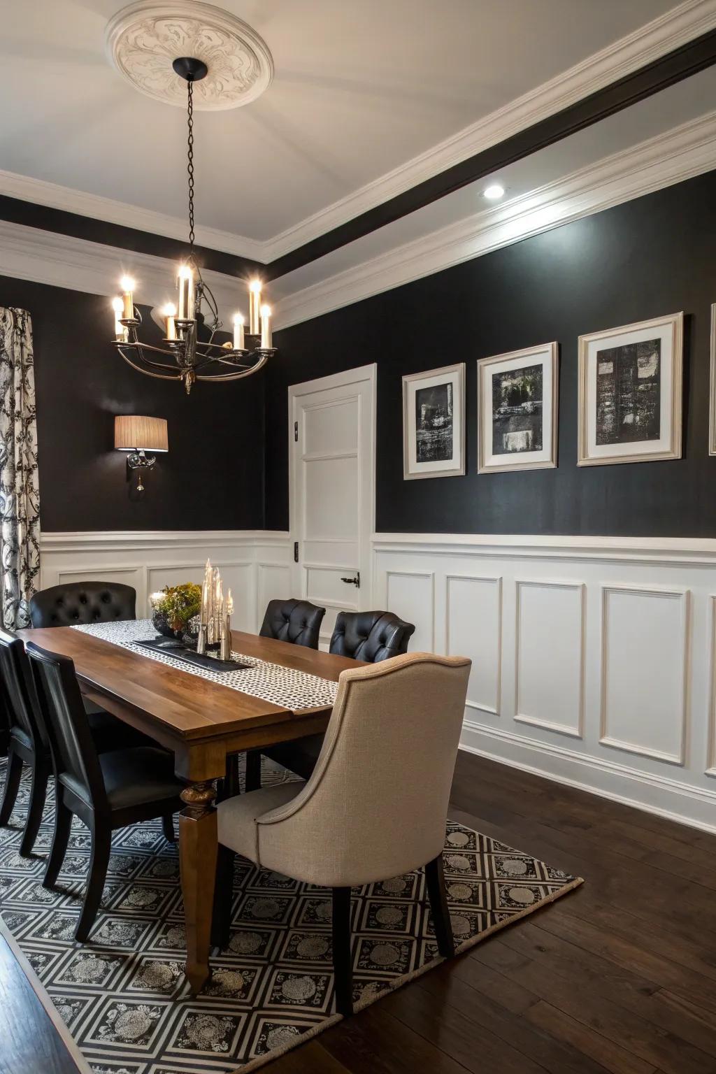 An intense black and white color scheme fashions a daring contrast.