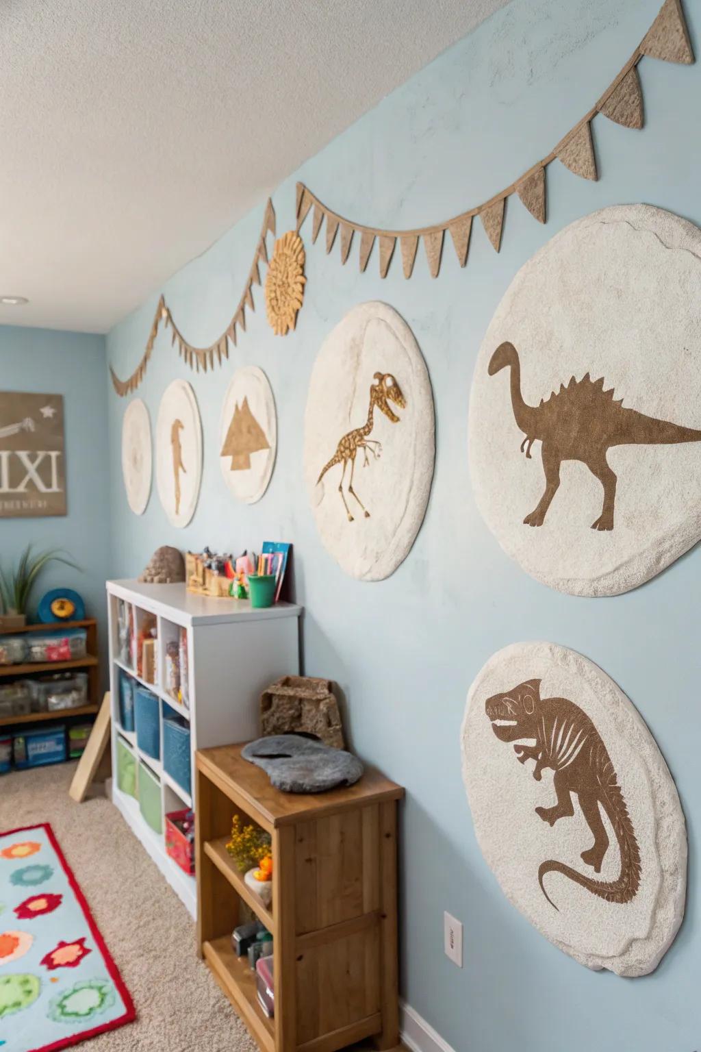 Personalized DIY dinosaur fossils, adding a bespoke and educational dimension to the room&rsquo;s d&eacute;cor.