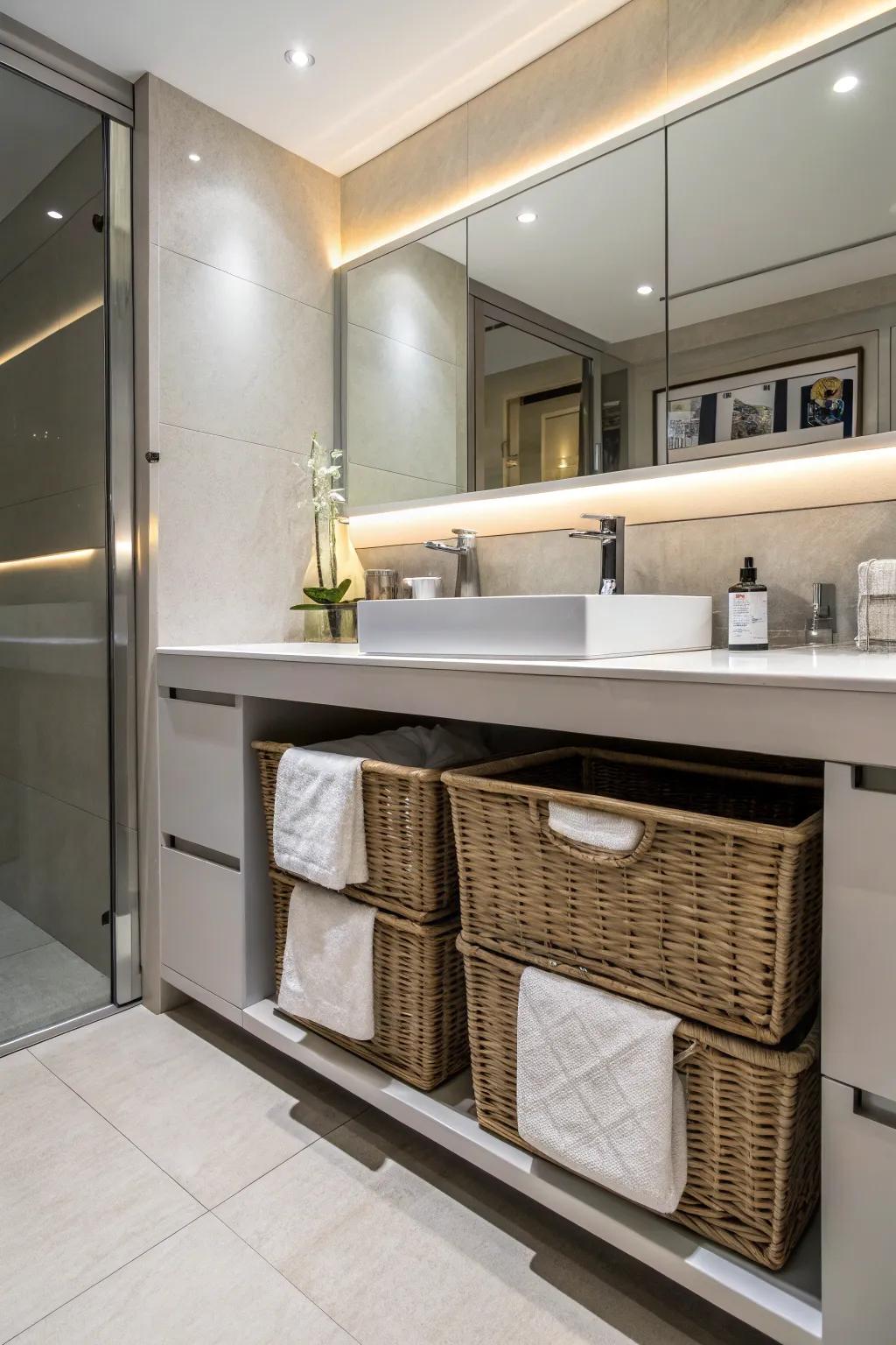 In the bathroom, under-sink hampers offer a discreet laundry option.
