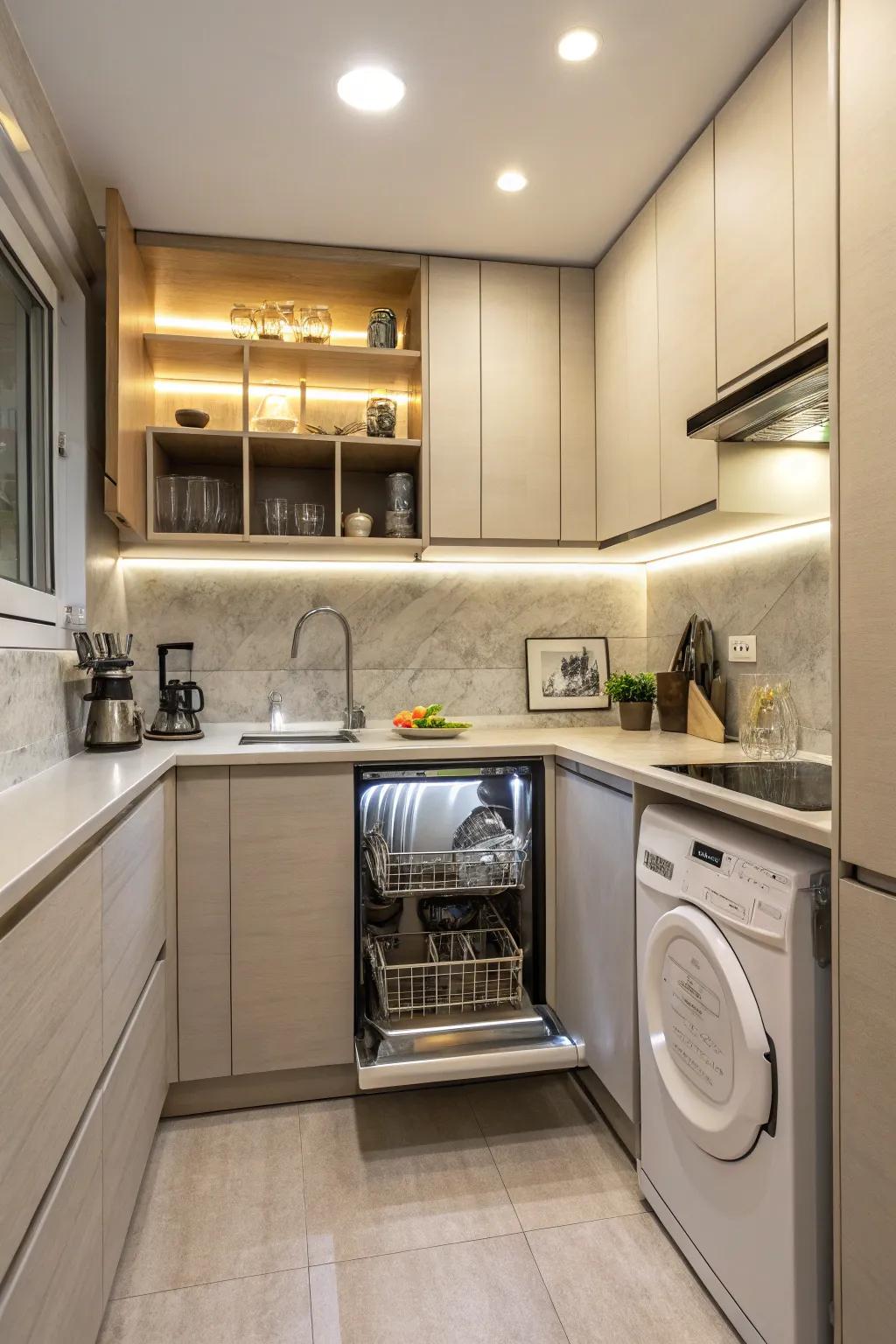 Washing gadget seamlessly hidden behind matching cooking area storage units.