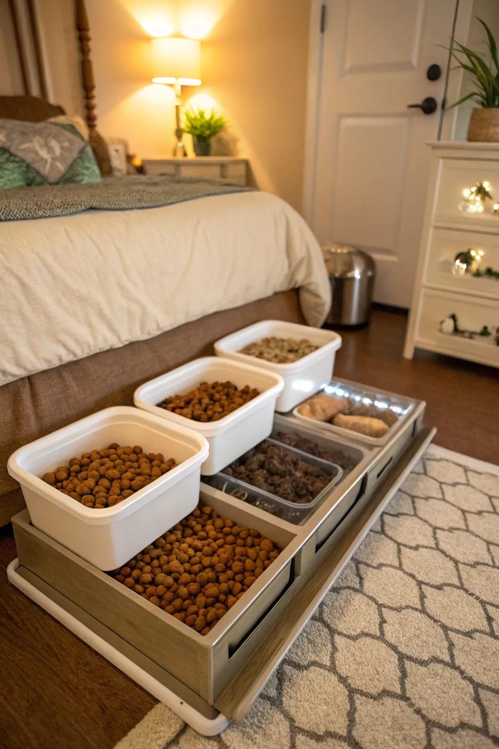 Under-bed storage offers a hidden solution for extra dog food.