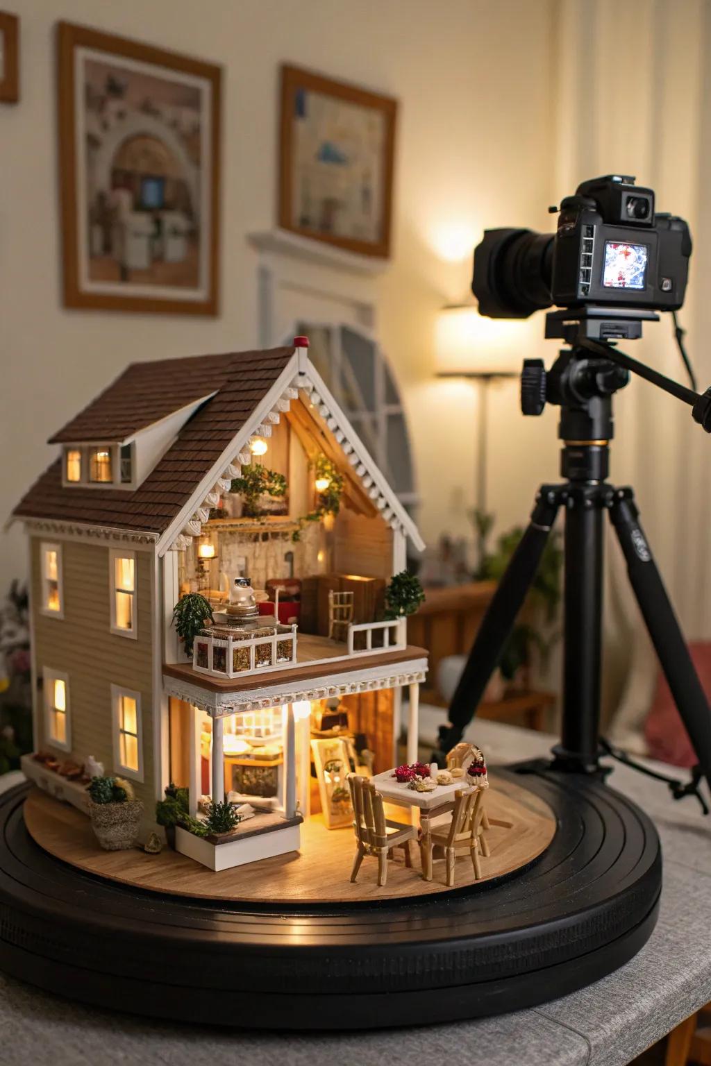 A turntable allows for complete viewing of a dollhouse.