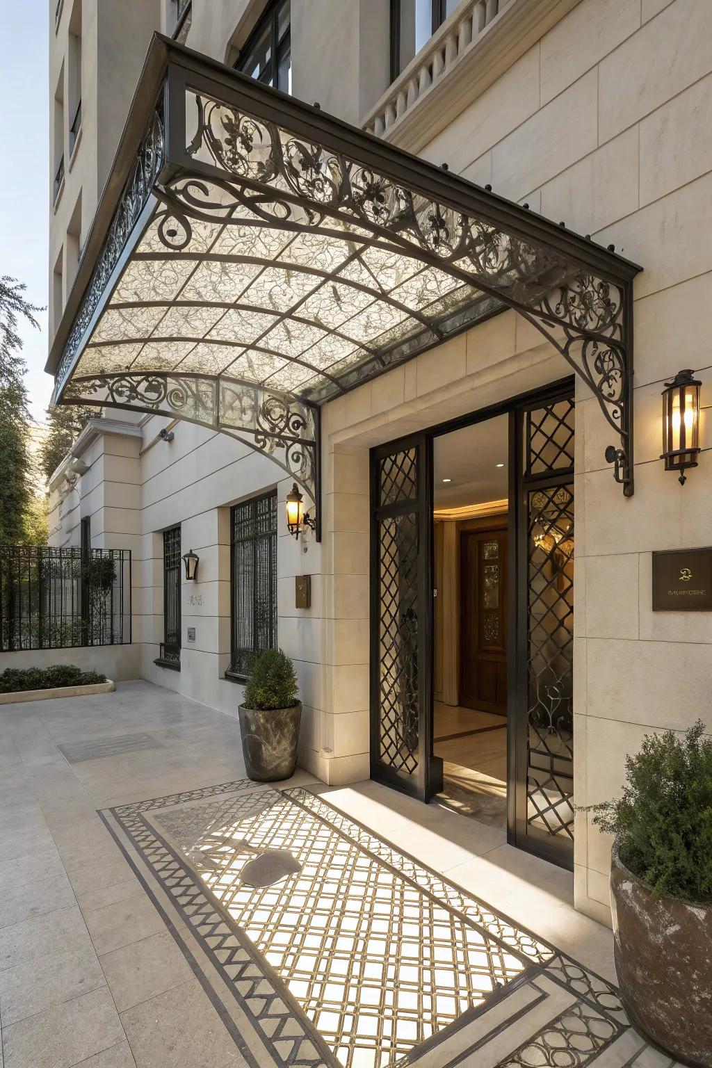 An ornamental metal grating awning combining art and functionality.