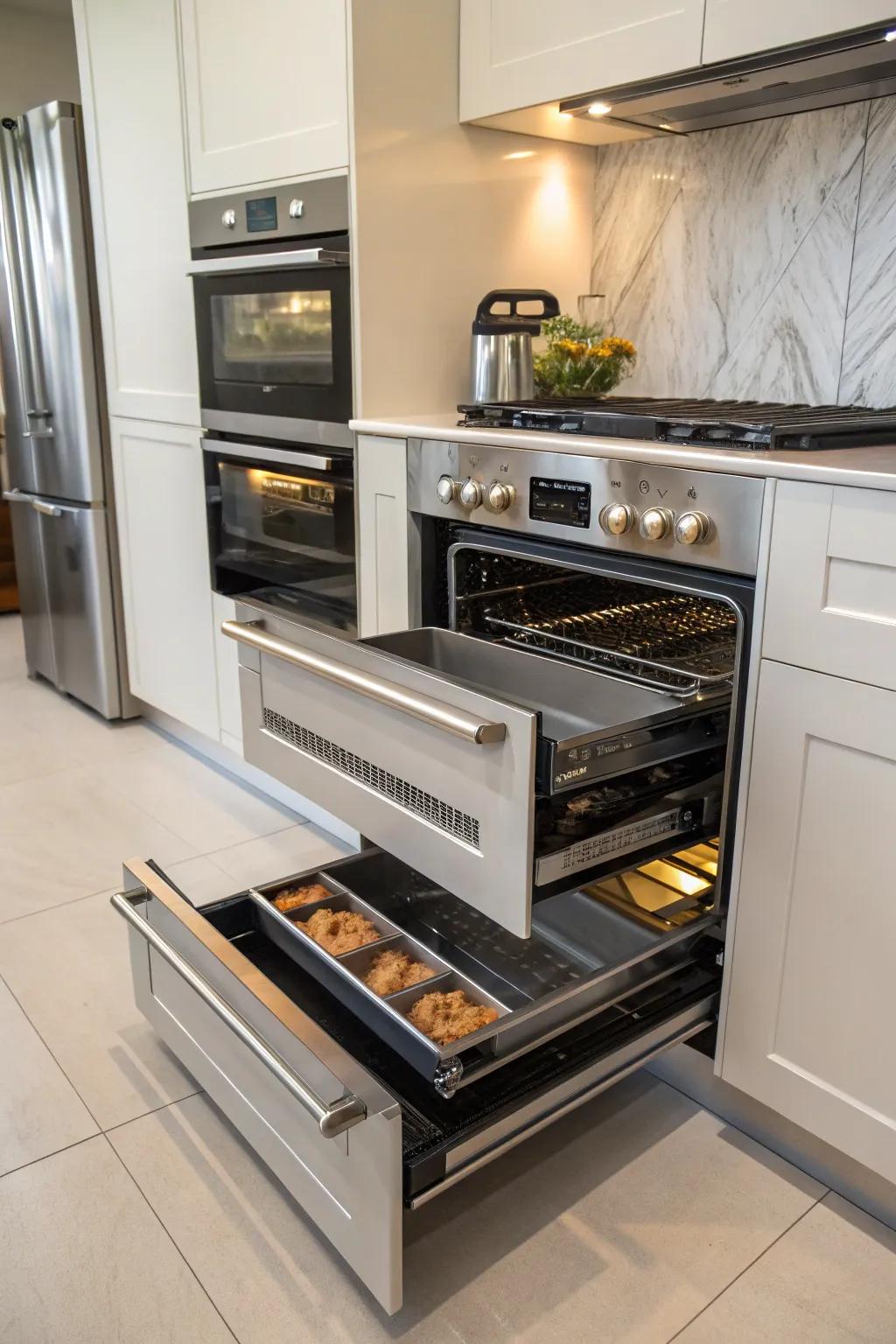 A modern kitchen highlights a double oven with cleverly integrated storage options.