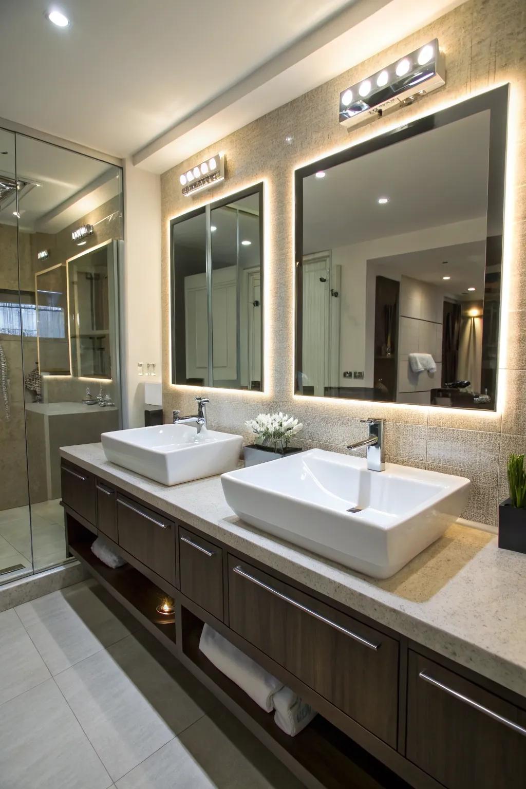 Under-cabinet lighting elevates the elegance of the double sinks.