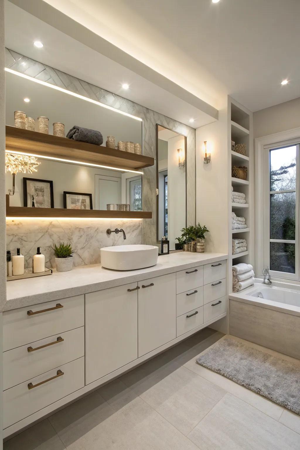 Refined storage solutions keep your bathroom organized and stylish.