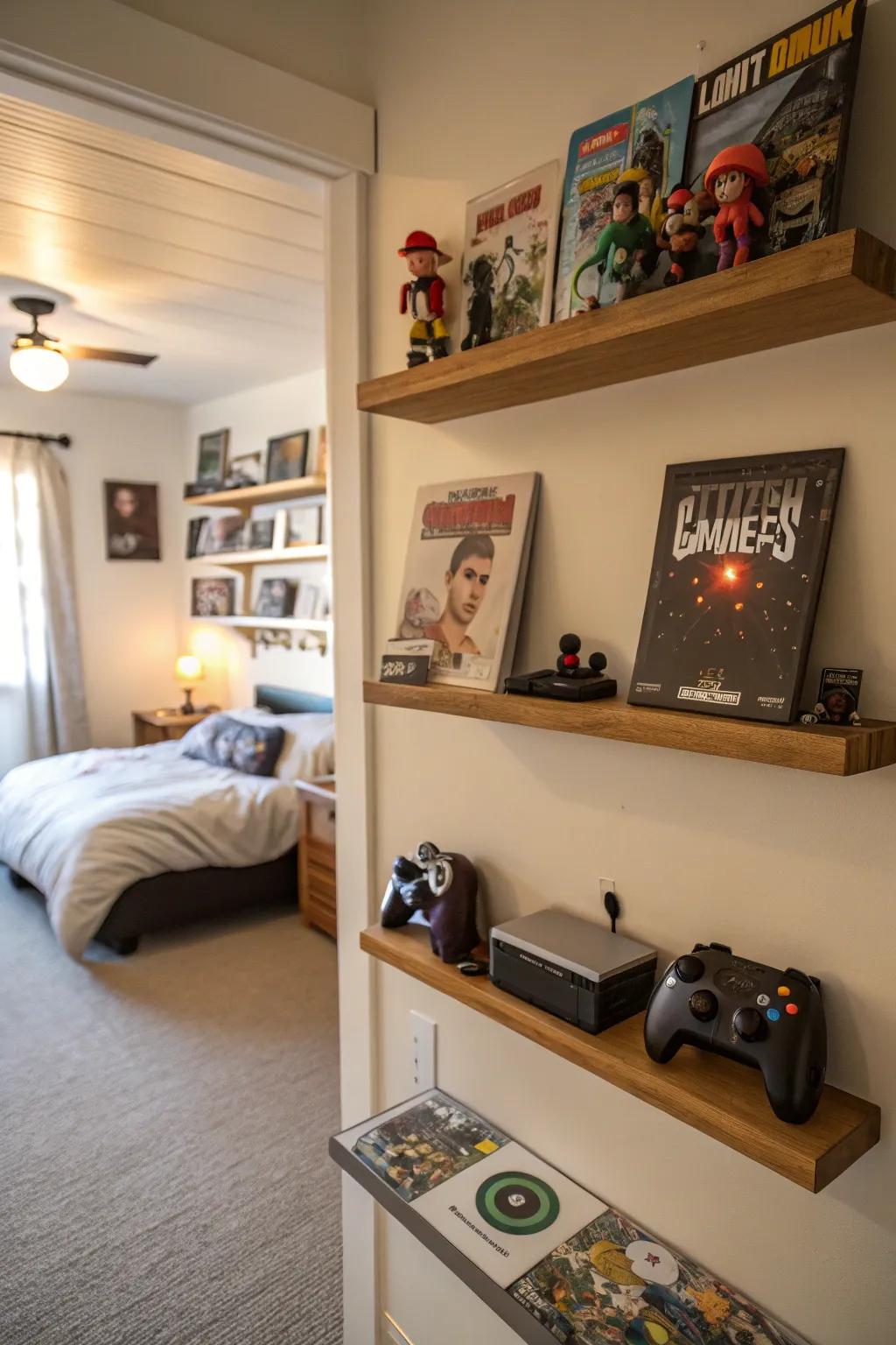 Suspended shelves heighten space and showcase collectibles.